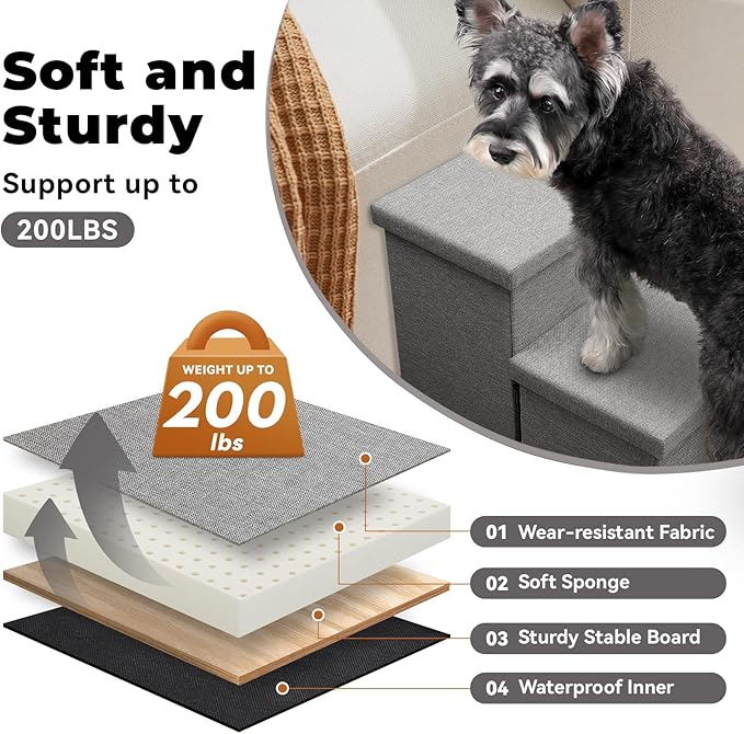 Wider Dog Stairs with Storage 18" H, 3-Step Sturdy Dog Steps for Large/Medium/Small Older Dogs Cats, Folding Pet Stairs Climbing Bed or Couch, Ramp for Car Up to 200 lbs (Gray, No Condo)