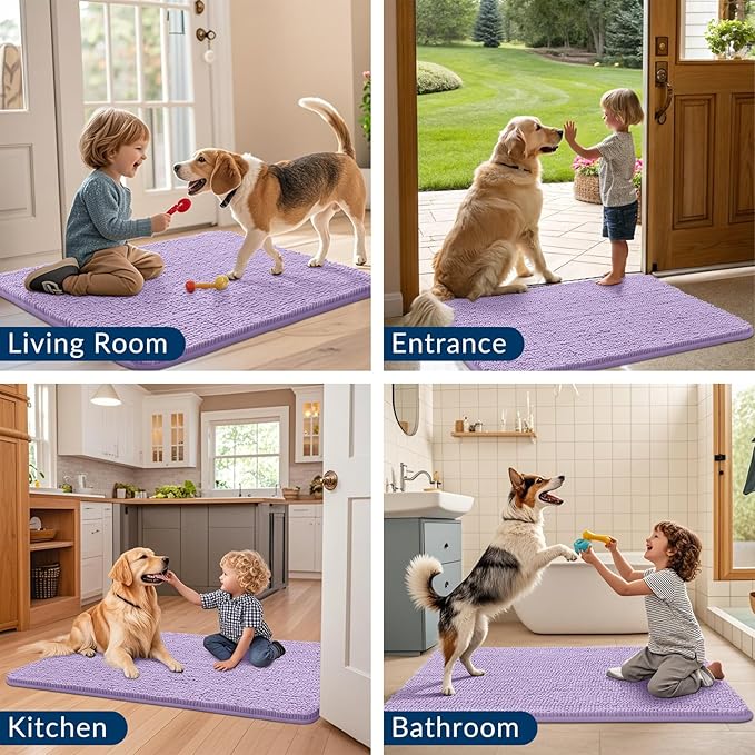 Smiry Dog Door Mat for Muddy Paws 24x16, Absorbs Moisture and Dirt Doormat, Non-Slip Washable Quick Dry Chenille Front Door Mat Indoor Entrance, Entryway Carpet for Inside Floor, Lavender