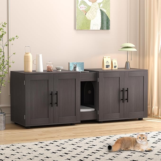 Gaomon Litter Box Enclosure with Double Room,Cat Hidden Litter Box Enclosure Furniture for 2 Cats with Double Room, 55”L x 17.7”W x 22.5”H Cat House,Wooden Enclosed Cat Litter Box Furniture,Walnut