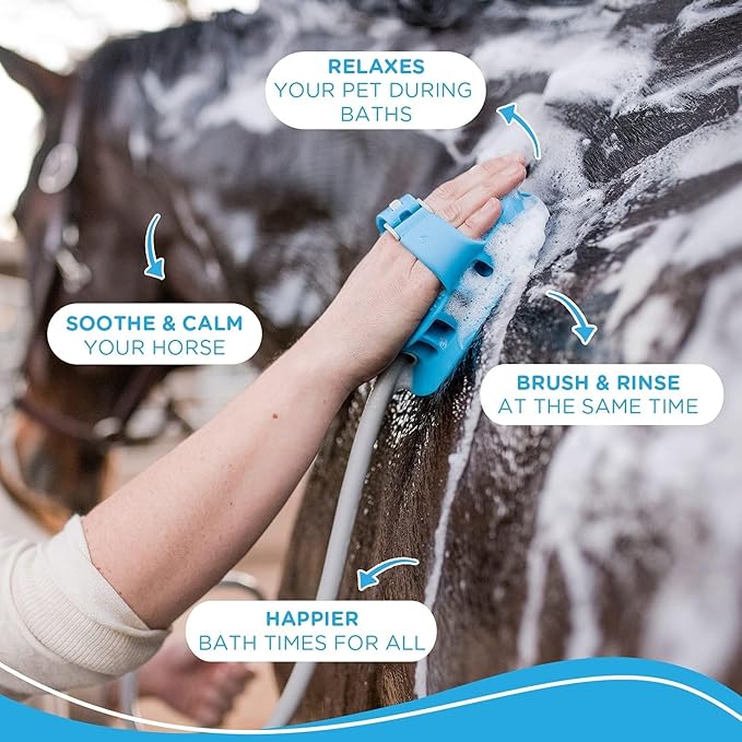 Aquapaw 5-in-1 Horse & Dog Bath Brush & Curry Comb - XL Blue Silicone - Includes 3-ft Shower Hose Attachment & Adapter - Adjustable Spray Scrub Massager - Dog Grooming Supplies