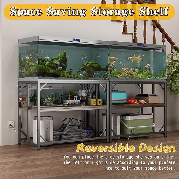 Sturdy Metal Aquarium Stand with Power Outlets, Adjustable Storage Cabinet - 660LBS Capacity, Rustic Brown - Suitable for 40 Gallon Fish Tank, Turtle Tank, Perfect Fish Tank Stand for Organization and Convenience