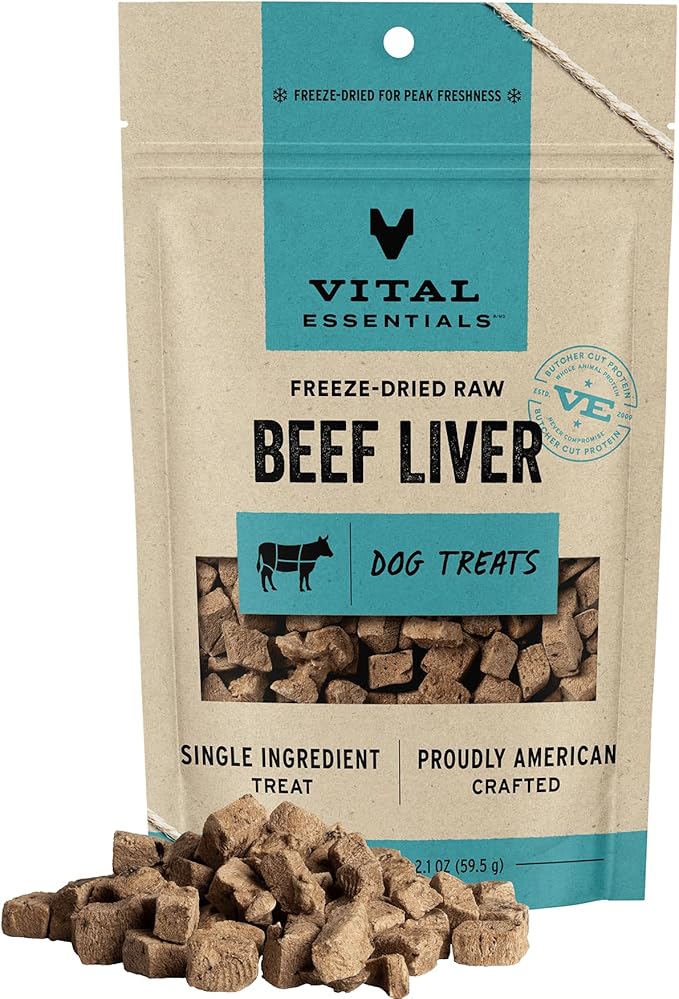 Vital Essentials Beef Liver Dog Treats, 2.1 oz | Freeze-Dried Raw | Single Ingredient | Premium Quality High Protein Training Treats | Grain Free, Gluten Free, Filler Free