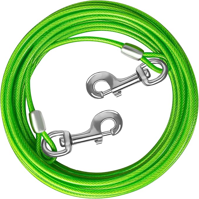 Dog Tie Out Cable 10/15/20/25/30 FT Runner for Yard Steel Wire Cable with Durable Superior Clips Green Chains for Outside Dog Lead for Large Up to 165 Lbs