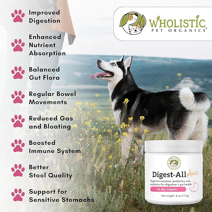 Wholistic Pet Organics Probiotics for Dogs with Digestive Enzymes & Prebiotic Fiber - 4 Oz - Daily Cat & Dog Probiotics for Digestive Health, Anti Diarrhea & Gut Support - Natural Powder Supplement