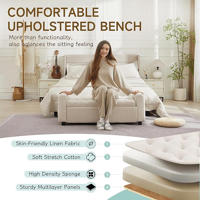Ottoman with Storage, Tufted Storage Bench for Bedroom, 48" Fabrics End of Bed Bench, Upholstered Entryway Shoe Benches with Rolled Arm & Inner Zipper, Window Ottomans Chest without Rivets, Beige