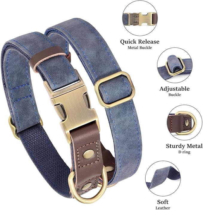 Didog Soft PU Leather Dog Collars for Medium Dogs,Classic Adjustable Dog Collars with Quick Release Metal Buckle,Easy Clean and Comfortable with Nylon Lining,Blue,M Neck 13-19"