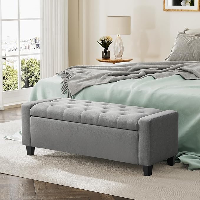 Ottoman with Storage, 48.8" Fabric Storage Ottoman Bench with Hinge, Bedroom Bench, Upholstered Benches with Seating for Living Room, Entryway (Grey)