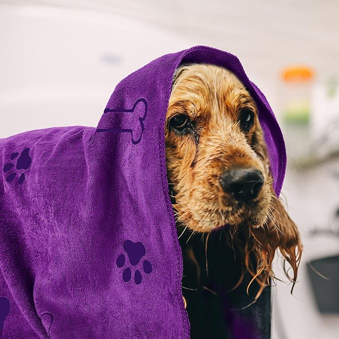 Chumia 4 Pcs Dog Towels for Drying Dog Puppy Bulk Microfiber Absorbent Paw Towel Pet Bathing Supplies Quick Drying for Medium Cats Pets Shower(24 x 40 Inch,Dark Purple,Purple,Pink,Yellow)