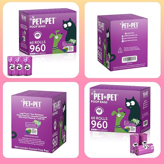 Pet N Pet Poop Bags for Dogs, 960 Counts Lavender Scented Dog Poop Bags Rolls, USDA Certified 38% Plant Based & 62% PE Dogs Waste Bag, Doggie Poo Bag