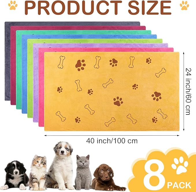 Chumia 8 Pcs Dog Towels for Drying Dogs Cats Pet Towels Bulk Puppy Microfiber Quick Drying Paw Bath Bathing Supplies Absorbent for Medium Pets(Colorful,40 x 24 Inch)