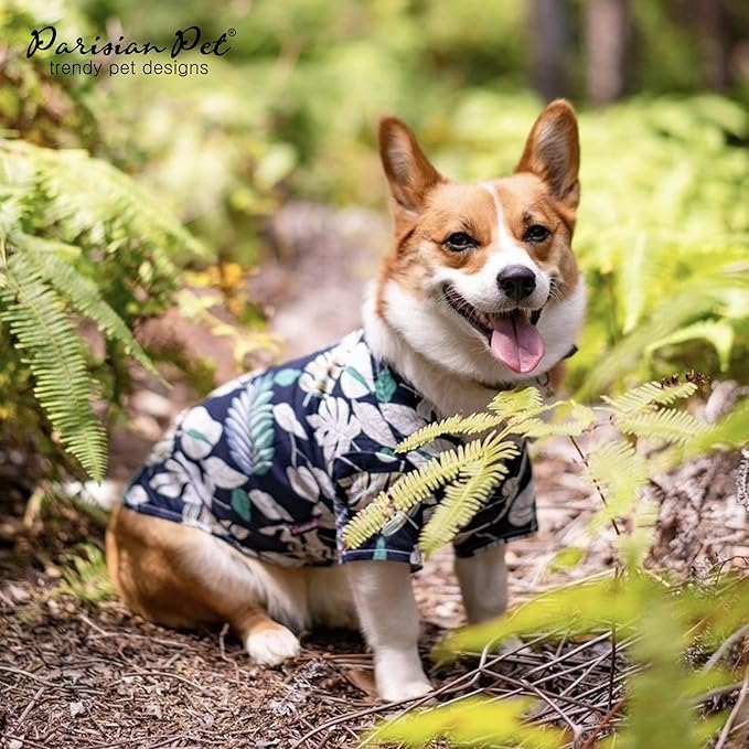 Parisian Pet Palm Leaves Dog Shirt - 100%Cotton Summer Clothes - Stylish Beach Outfit - Hook and Loop Closure - Machine Washable - Small Dogs