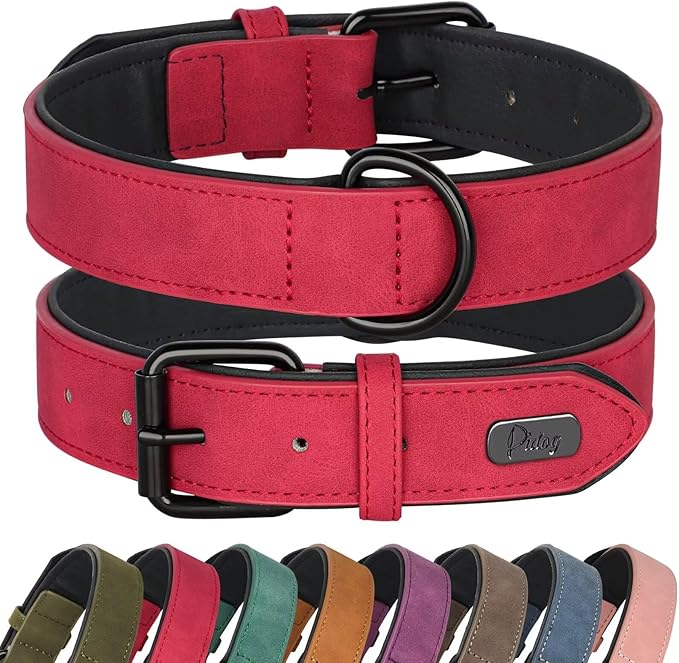 Didog Soft Padded PU Leather Dog Collar, Breathable and Adjustable Red Dog Collars for Small Dogs, Comfortable for Daily Walk, Red, M Fit Neck 12-15"(13-22 lbs)