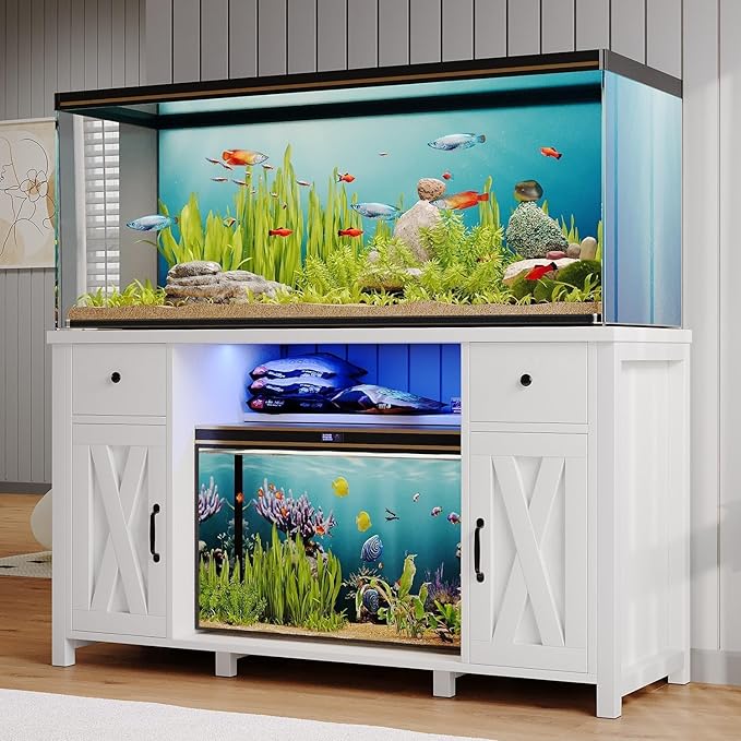 75 Gallon Fish Tank Stand with LED Light & Power Outlets, 55-75 Gallon Aquarium Stand with 2 Drawers & 2 Barn Doors, 52" L x 20" W Cabinet for 2 Fish Tank Accessories Storage, Turtle Tank, White