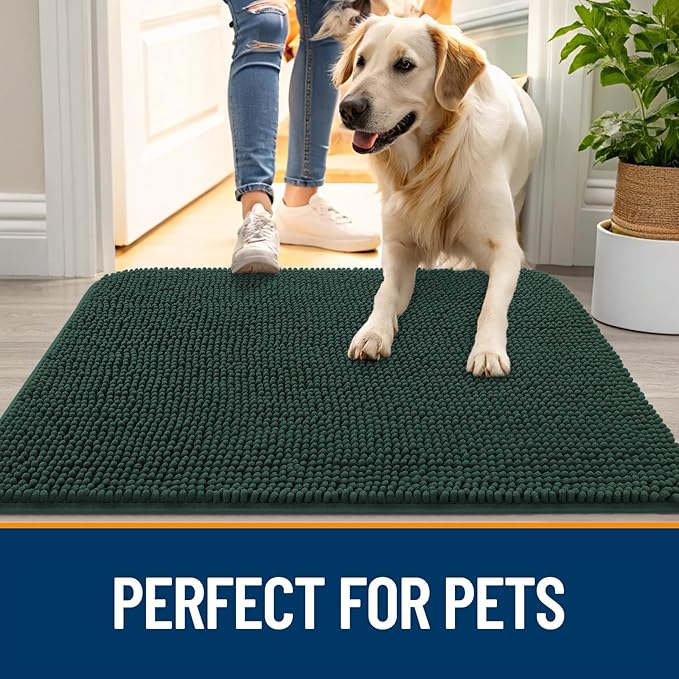 OLANLY Dog Door Mat for Muddy Paws 24x16, Absorbs Moisture and Dirt, Absorbent Non-Slip Washable Doormat, Quick Dry Chenille Mud Mat, Entry Indoor Entryway Carpet for Inside Floor, Blackish Green