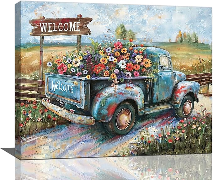 Farmhouse Truck Wall Art Rustic Country Wildflowers Wall Decor Road Flowers Landscape Pictures Canvas Print Painting Artwork for Bathroom Living Room Bedroom 16"x20"