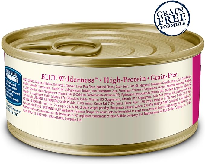 Blue Buffalo Wilderness Natural High-Protein Grain-Free Wet Food for Adult Cats, Salmon Paté, 5.5-oz. Cans, 24 Count