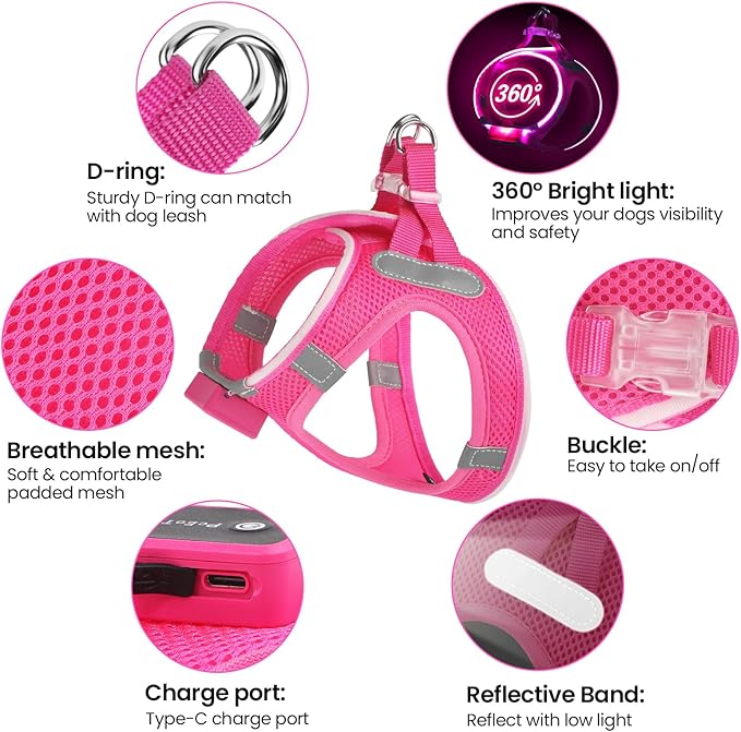 Pceotllar LED Dog Harness - Rechargeable, Flashing Light, No Pull, Reflective - Medium, Pink