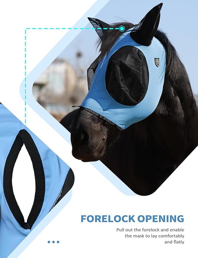 Harrison Howard Horse Fly Mask with Forelock Opening Stretch Breathable and Comfortable for Horses UV -Protection Ice Blue M