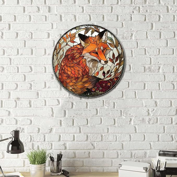 Lygond Metal Sign Tin Sign Circular Stained Glass Red Fox2 Funny Garden Signs For Garage 12×12 Inches