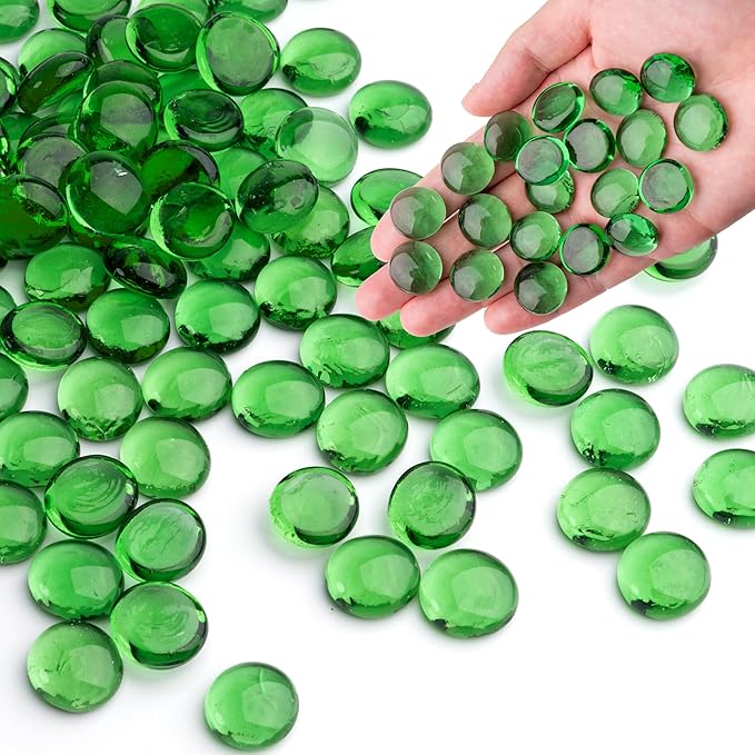 Green Glass Marbles, 0.97 LB Transparent and Smooth Flat Glass Beads for Vases, Mosaic Gem Pebbles for Aquarium Decor, Floral Arrangements, Mancala Stones, Vase Filler and Crafts (Approx. 80-100 PCS)