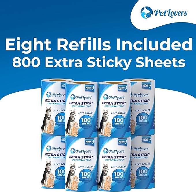 PetLovers Extra Sticky Lint Roller Mega Value Set for Pet Hair Removal, Dog and Cat Lint Remover (8 Pack Refills)