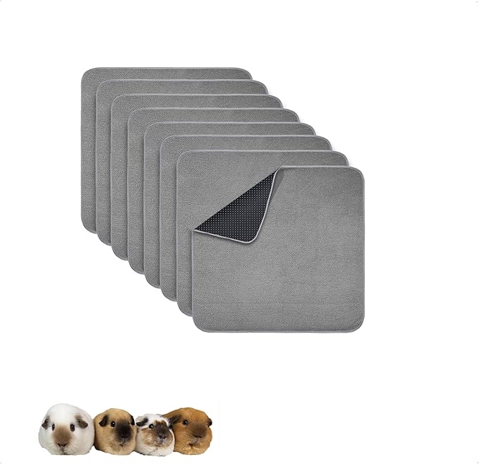 Guinea Pig Cage Liner, 8 Pack - Washable, Reusable, Leakproof Fleece Bedding Pads for Small Animals with Anti-Slip Bottom - for C&C 12''X12'' Area, Gray