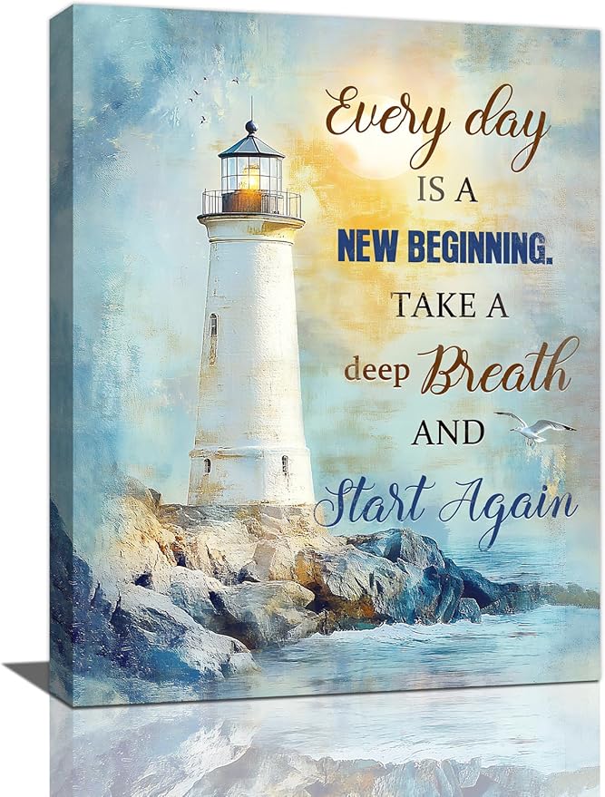 Ocean Lighthouse Pictures Wall Art, Coastal Nautical Bathroom Wall Decor Every Day is a New Beginning Motivational Quote Framed Painting Canvas Artwork for Bedroom Living Room Decorations 16"L x 12"W