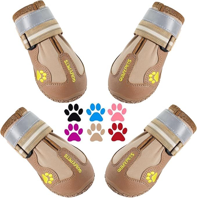 QUMY Dog Shoes for Large Dogs, Medium Dog Boots & Paw Protectors for Winter Snowy Day, Summer Hot Pavement, Waterproof in Rainy Weather, Outdoor Walking, Indoor Hardfloors Anti Slip Sole Khaki 6