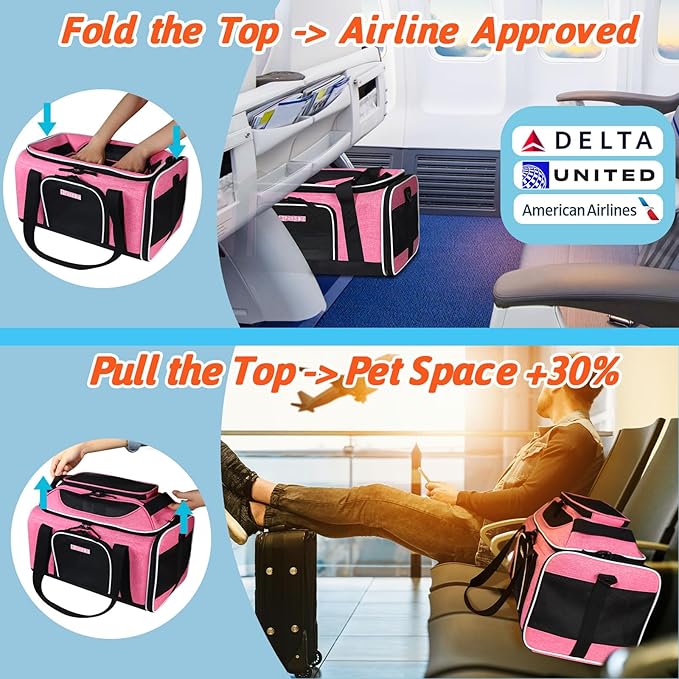 Petskd Top-Expandable Pet Carrier 18x11x11 Inches Delta American United Airline Approved, Soft-Sided Carrier for Small Cats and Dogs with Locking Safety Zippers and Anti-Scratch Mesh(Pink)