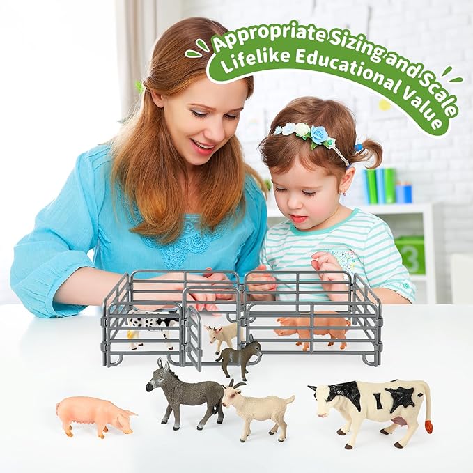 Farm Animal Toys, Realistic Farm Animal Figurines and Fence Playset, Includes Cow Pig Donkey Goat, Birthday Christmas Animal Gift Set for Kids Toddlers (Farm World)