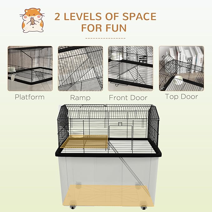 PawHut Hamster Cage, Gerbil Cage 2 Tier with Wheels, Deep Bottom, Ramp, Food Dish, Water Bottle, for Dwarf Hamster, Syrian Hamster, 57 x 43 x 57cm - Black