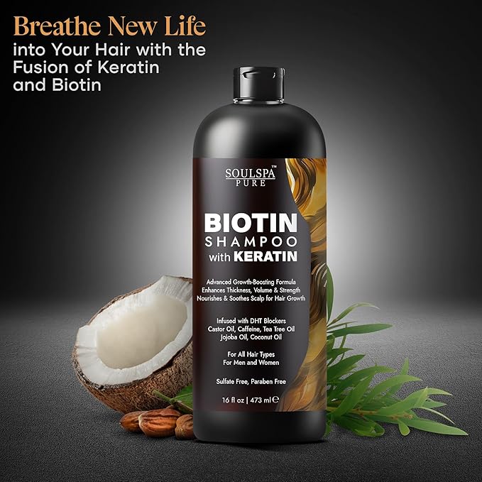 Biotin Shampoo with Keratin - Advanced Anti-Thinning, Hair Growth & Repair Formula - Soothes Scalp, with Tea Tree Oil & DHT Blockers - Strong, Healthy Hair for Men & Women - 16 fl oz