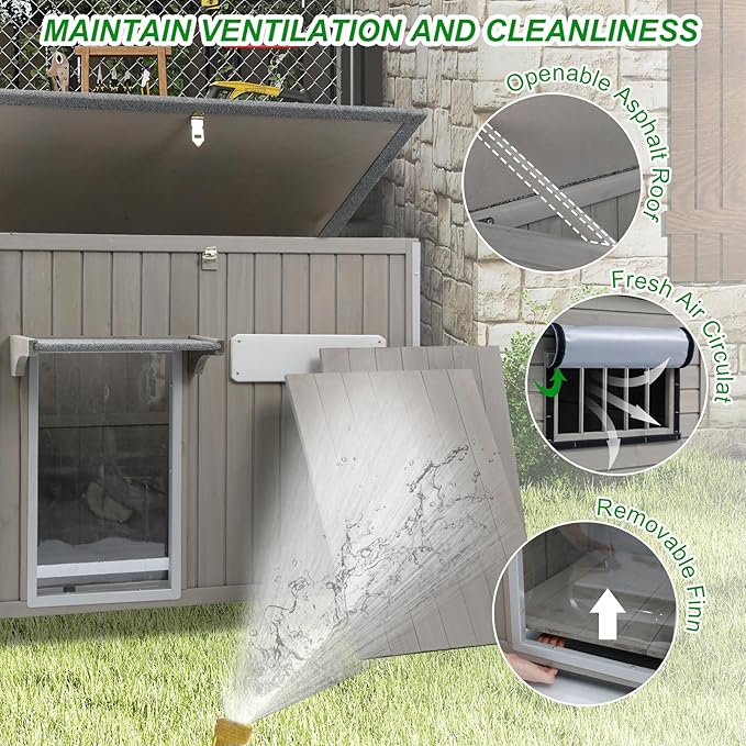 Dog House Outdoor Weatherproof & Wooden Dog Kennel with Chew-Proof Iron Frame，Removable Floor, Adjustable Vent Window, Easy Assembly for Large and Medium Dogs 43.3" D x 29.5" W x 33.5" H