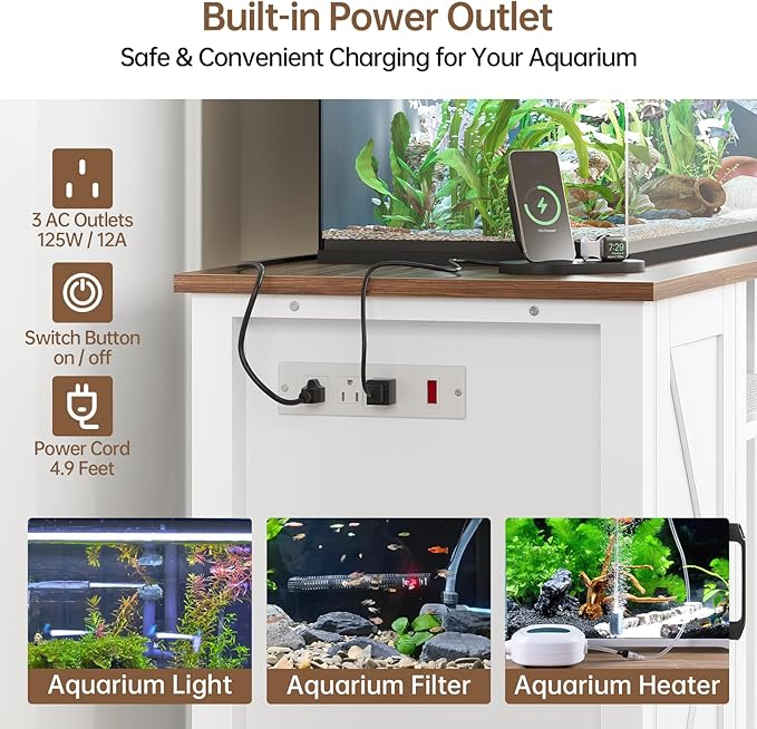 55-75 Gallon Aquarium Stand with Power Outlet, Heavy Duty Fish Tank Stand with Cabinet Storage & Adjustable Shelf, for Fish Tank, Turtle Tank, Reptile Terrarium, 1000LBS Capacity, White