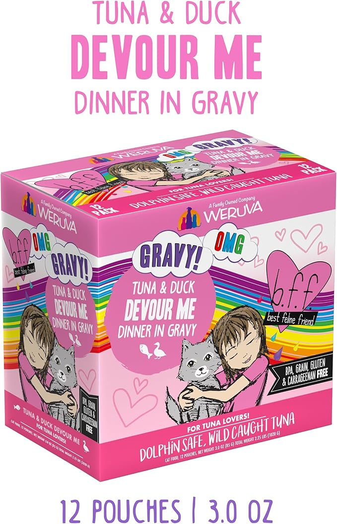 Weruva B.F.F. OMG - Best Feline Friend Oh My Gravy!, Tuna & Duck Devour Me with Tuna & Duck in Gravy Cat Food, 3oz Pouch (Pack of 12)