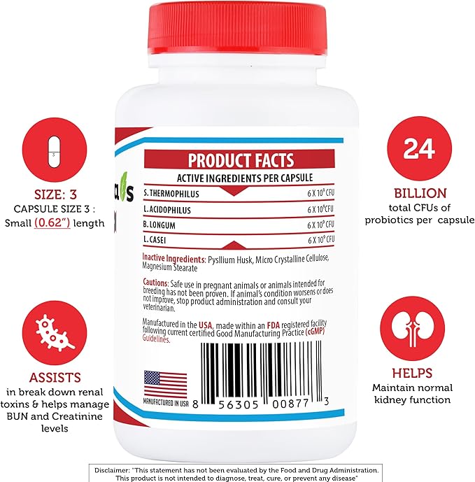 Azovast Plus Kidney Health Supplement for Dogs & Cats, 120ct - NO Refrigeration Required - Help Support Kidney Function & Manage Renal Toxins - Renal Care Supplement Capsule(U.S.A) (120 Caps)
