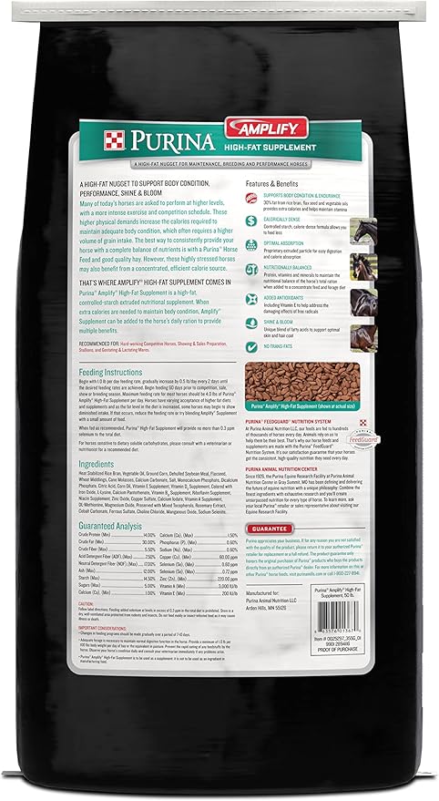 Purina, Amplify Equine, High-Fat Horse Supplement for Maintenance, Breeding, & Performance Horses, 50 lbs