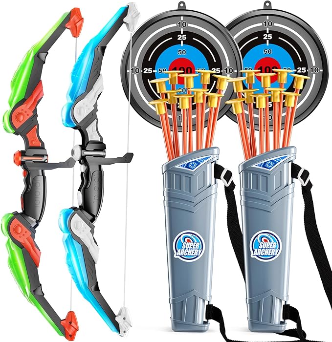 TEMI Bow and Arrow Set for Kids - Archery Toy Set - LED Light Up with Suction Cup Arrows, Target & Quiver, Indoor and Outdoor Toys for Children Boys Girls