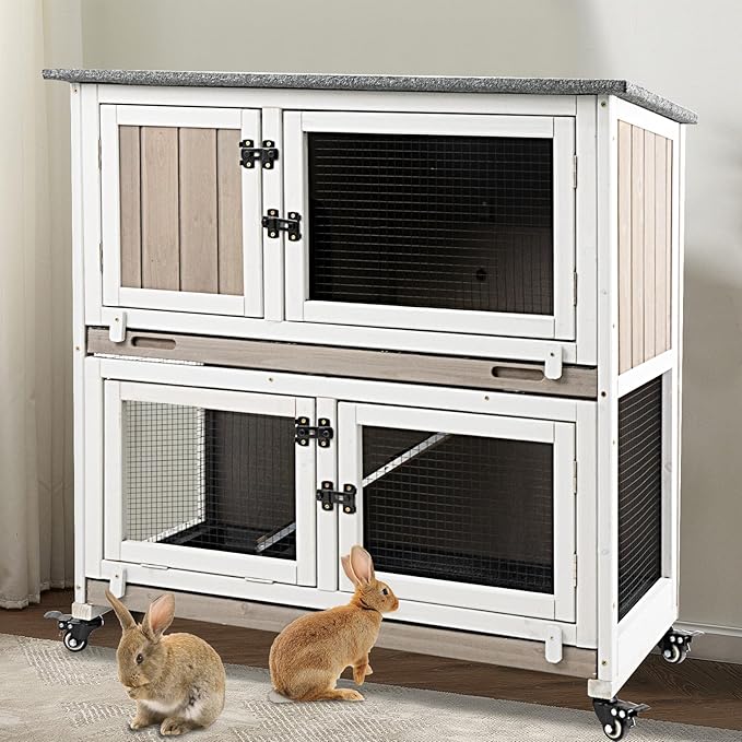 36" L Rabbit Hutch Indoor with 4 Metal Wheels, 2-Story Wooden Bunny Hutch Outdoor Bunny Cage, 2 Deeper Pull-Out Trays, Ramp, Rabbit Cage Guinea Pig Pet House for Small Animals