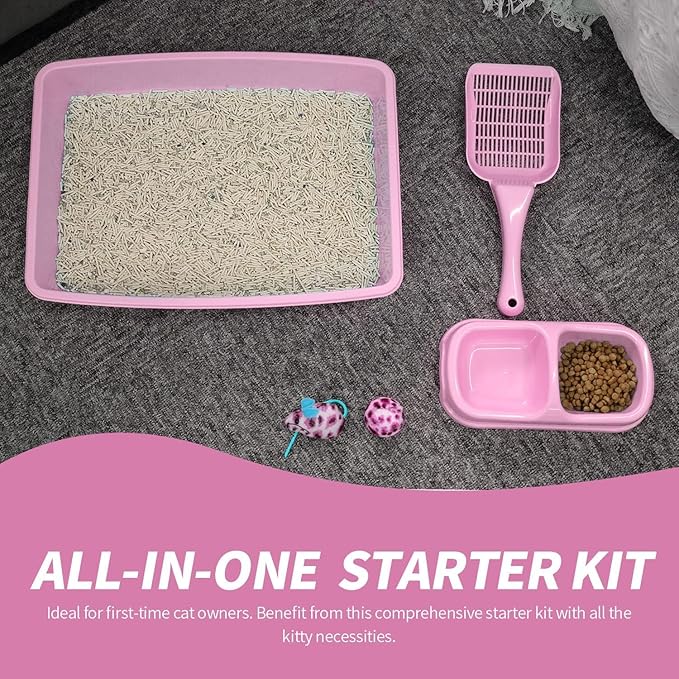PAWISE Cat Litter Box Set, Small Kitten Starter Kit, Includes Litter Box, Litter Scoop, Double Dish Feeding Bowl, Cat Mouse Toy, Kitty Ball Toy, Pink