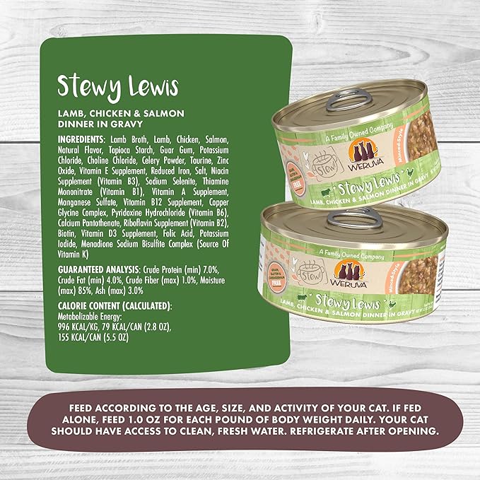 Weruva Classic Cat Stews!, Stewy Lewis with Lamb, Chicken & Salmon in Gravy, 2.8oz Can (Pack of 12)