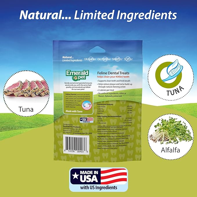 Feline Dental Treats — Tasty and Crunchy Cat Dental Treats Grain Free — Natural Dental Treats to Clean Cat Teeth, Freshen Cat Breath, and Reduce Plaque and Tartar Buildup — Tuna Treats, 3 oz