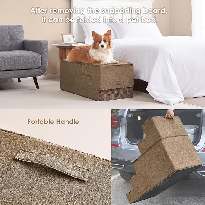 EHEYCIGA Dog Stairs for High Bed 25" H, 5-Step Extra Wide Dog Steps for Bed, Pet Steps for Small Dogs and Cats, Non-Slip Balanced Pet Ramp Indoor, Camel
