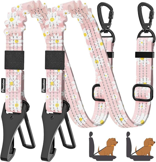 Pawaboo 2Pack Dog Seatbelt for Car, 3-in-1 Dog Car Seat Belt Bungee, Dogs Tether for Cars with Buckle & Hook Latch, Adjustable Reflective Dogs Cars Harness Leash with 360° Lockable Buckle, Light Pink
