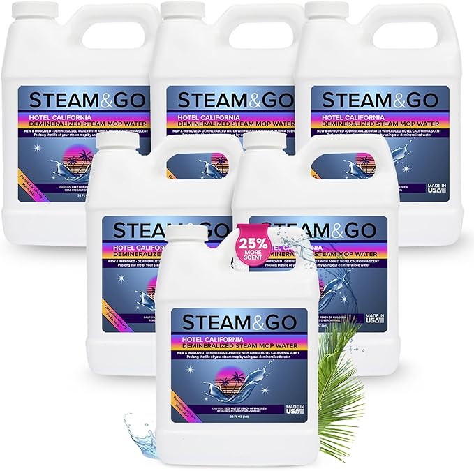 Steam & Go Deminerilized Water - Multi-Surface Cleaner for Steam Cleaners, Hardwood Floors, Kitchens, & Bathrooms - Germ-Killing Formula - Hotel California Scent - 32 Ounces (Pack of 6)