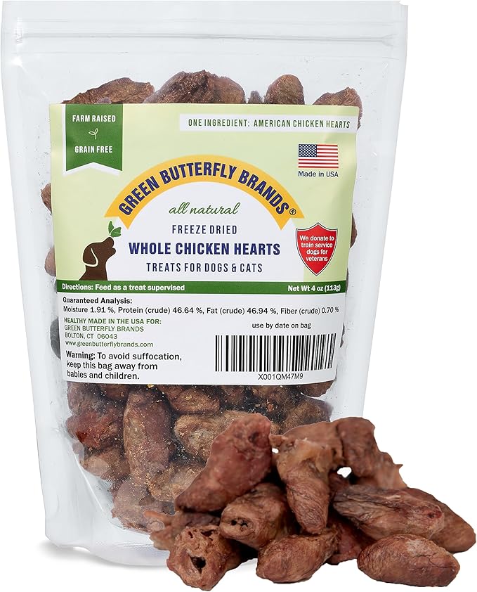 Freeze Dried Chicken Heart Dog Treats Made In USA. All Natural Freeze-Dried Raw Snacks for Dogs and Cats. One Ingredient. High Protein. Heart Health. Irresistible Training Treat