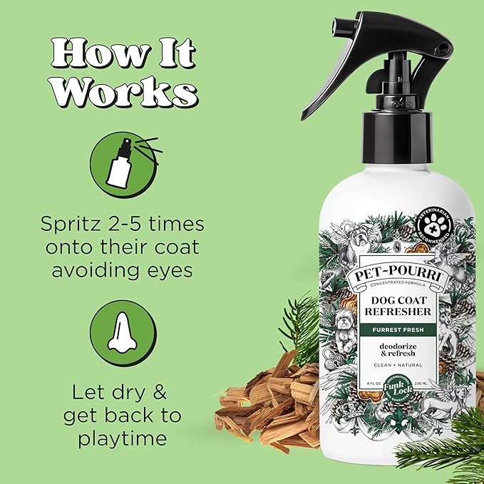 Poo-Pourri Furrest Fresh Dog Deodorizing Spray, 8 Fl Oz Grooming Perfume for Dog Coat, Pet Odor Neutralizer with Essential Oils, Vet Recommended, Paraben & Sulfate-Free Fir, Amber, & Cedarwood Scent