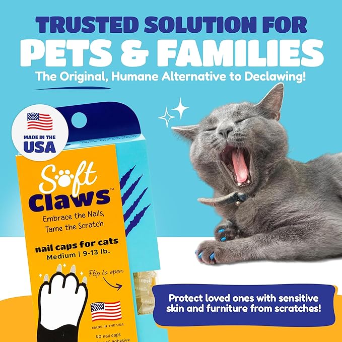 Soft Claws Cat Nail Caps for Medium Cats – (40 Caps, Blue & Orange) - Made in USA - Veterinarian-Developed | Protects Furniture & Skin - Easy to Apply, Long-Lasting Anti-Scratch Soft Cat Claw Covers