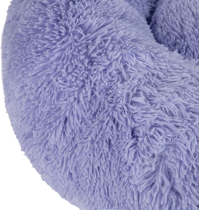 Best Pet Supplies Round Donut Dog Bed with Plush Faux Fur Fabric, Calming, Anti-Anxiety Cushion for Indoor Pets, Slip-Resistant Base, Soft Ergonomic Support - Lavender, 24x24x7''