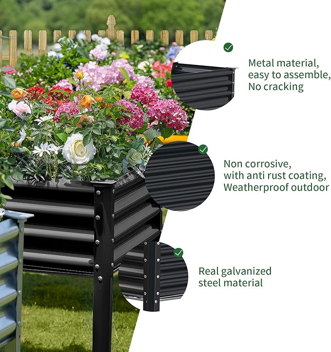 Land Guard Galvanized Raised Garden Bed with Legs, 96×24×32in Raised Garden Beds Outdoor with Drainage Holes, Planter Boxes Outdoor for Backyard, Patio, Balcony, 800lb Capacity, Gray